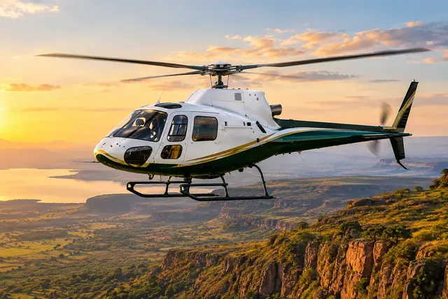 Prime Aviation Airbus AS350 helicopter at sunset
